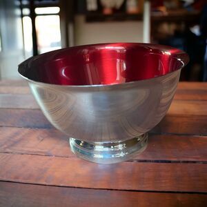 Vintage Wallace silverplate & red enamel bowl, footed, 9106, 6" wide